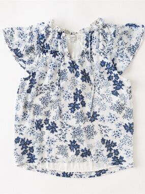 LOFT White and Blue Floral V Neck Flutter Sleeve Blouse Petite Small